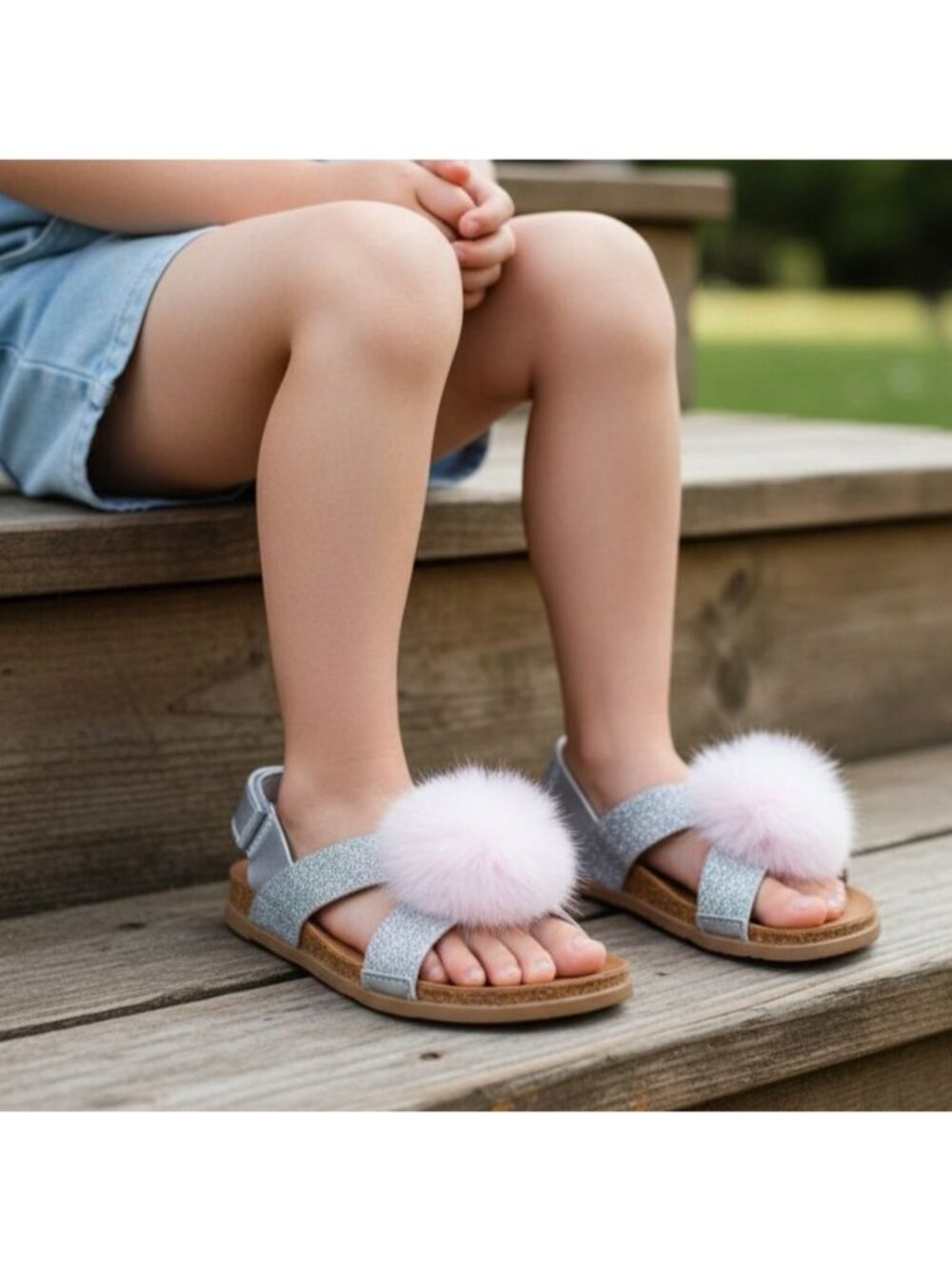 UGG Kids Girls 3 Fonda Sandals Pom-pom Glitter Open-toe Shoes Loop Ankle Strap